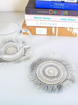 Silver Metallic Geo Fringed Oversized Coaster Set