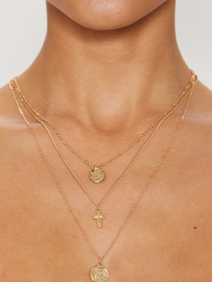 Gold Renaissance Mini Coin Cross Layered Necklace