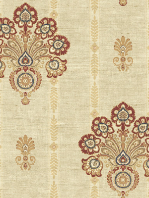 Striped Floral Damask Wallpaper In Red And Gold From The Caspia Collection By Wallquest