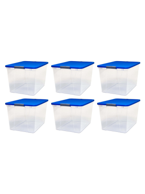 Homz 64 Qt Secure Latch Large Storage Container Bin W/ Blue Lid, Clear (6 Pack)