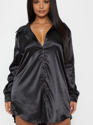 Plus Black Satin Button Front Shirt Dress