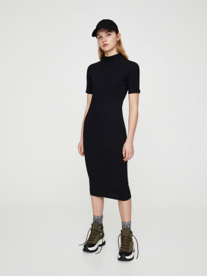 Pull&bear 3/4 Sleeve Ribbed Midi Dress In Black