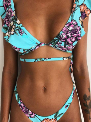 Multi Way Flowers Ruffle Neck Bikini Swimsuit - Two Piece Set