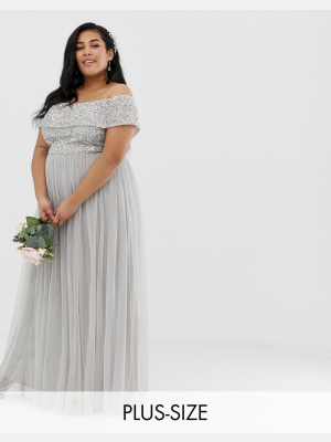 Maya Plus Bridesmaid Bardot Maxi Tulle Dress With Tonal Delicate Sequins In Silver