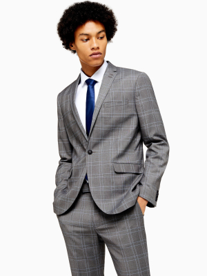 Gray And Blue Check Single Breasted Skinny Fit Blazer With Notch Lapels