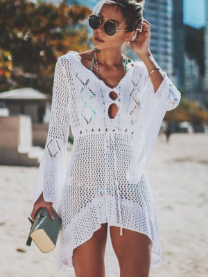 Flare Sleeve Drawstring Crochet Cover Up