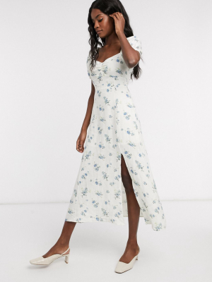 & Other Stories Floral Printed Smocked Sweetheart Midi Dress In White