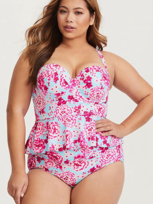 Plus Size Blooming Floral Underwire Peplum Tankini Swimsuit - Two Piece Set