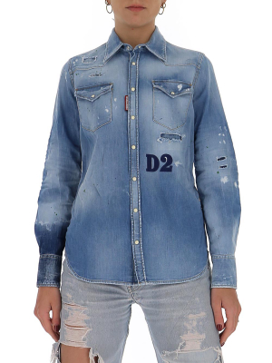 Dsquared2 Logo Patch Distressed Denim Shirt