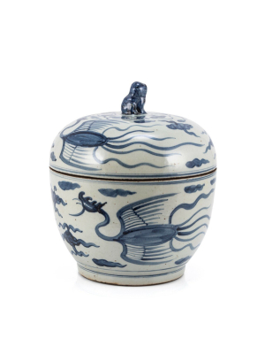 Phoenix Lidded Jar, Blue And White