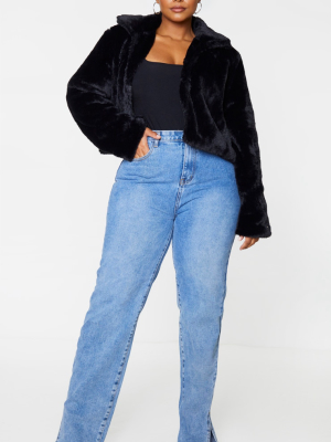 Plus Black Cropped Faux Fur Coat