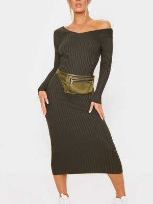 Khaki Off Shoulder Rib Knitted Midaxi Dress