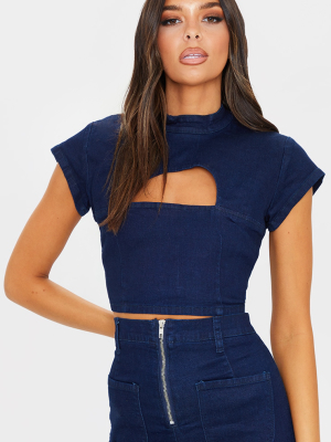 Indigo High Neck Denim Cut Out Crop Top