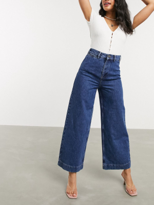 Asos Design High Rise 'easy' Wide Leg Jeans In Midwash Blue