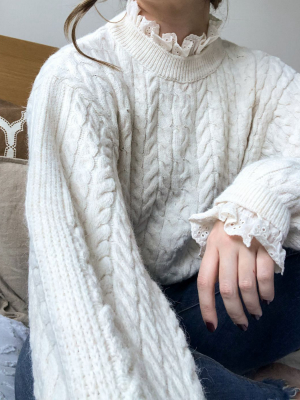 Asos Design Sweater With Cable And Lace Ruffle In Cream