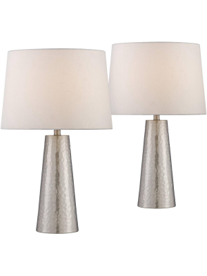 360 Lighting Modern Table Lamps Set Of 2 Silver Leaf Hammered Metal Cylinder Off White Drum Fabric Shade For Living Room Bedroom