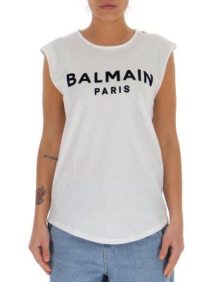 Balmain Flocked Logo Button Detail Tank Top