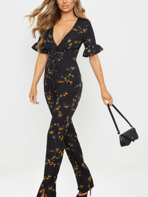 Black Floral Print Corset Frill Sleeve Jumpsuit