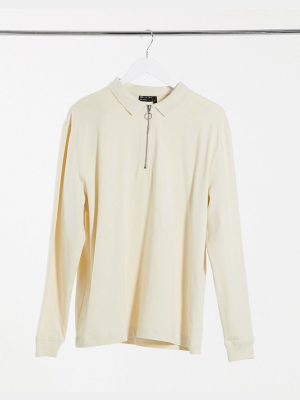 Asos Design Oversized Rugby Top With Zip In Beige