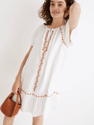 Embroidered Linen-blend Raglan Ruffle Mini Dress