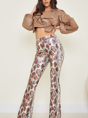 Tall Brown Snake Print Pu Flared Pants