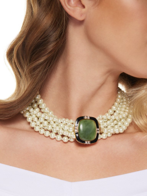 Eight Row White Pearl With Jade Center Clasp Necklace