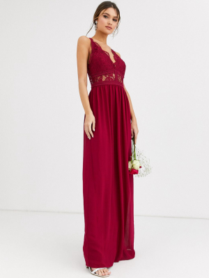 Tfnc Bridesmaid Halter Neck Maxi Dress With Lace Inserts In Mulberry