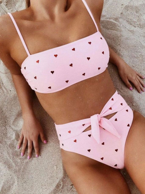 High Waisted Knotted Hearts Printed Bandeau Bikini Swimsuit - Two Piece Set