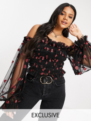 Lace & Beads Exclusive Bardot Ruffle Top With Sheer Balloon Sleeves In Glitter Heart Print