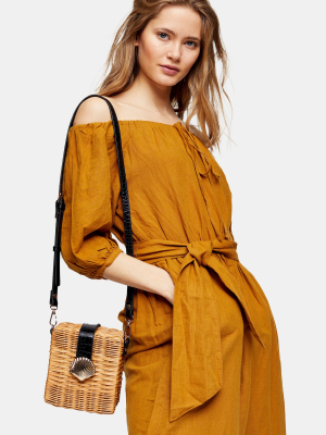 Sand Linen Blend Belted Bardot Midi Dress