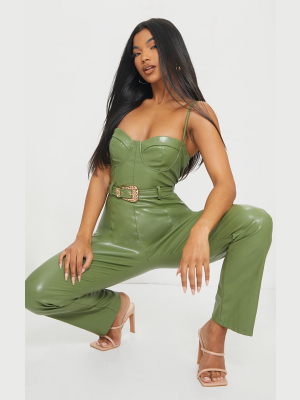 Khaki Pu Cup Detail Belted Jumpsuit