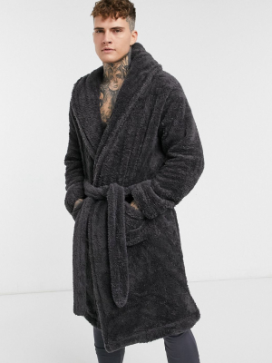 Asos Design Lounge Dressing Gown In Charcoal Fleece