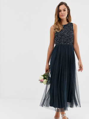 Maya Bridesmaid Sleeveless Midaxi Tulle Dress With Tonal Delicate Sequin Overlay In Navy