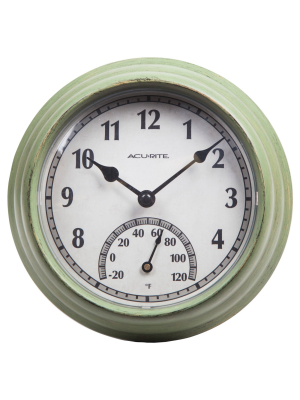 8.5" Outdoor / Indoor Wall Clock With Thermometer - Rustic Weathered Green Finish - Acurite