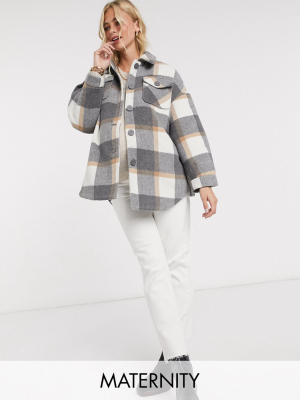 Pieces Maternity Exclusive Shirt Jacket With Belted Waist In Gray Plaid