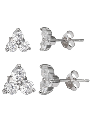 Women's Set Of Two Triple Stud Earrings With Clear Cubic Zirconia In Sterling Silver - Silver/clear (8mm)