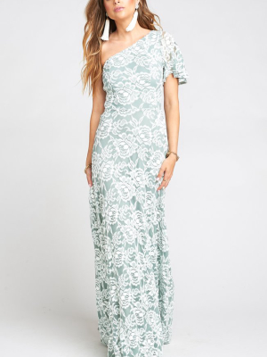 Portia One Shoulder Maxi Dress ~ Lovers Lace Silver Sage