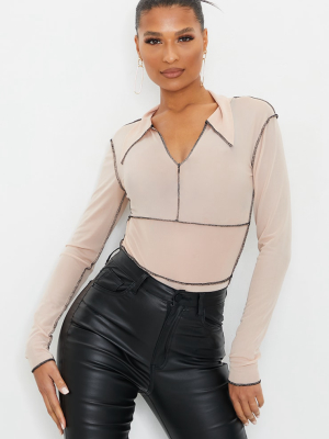 Nude Mesh Contrast Stitch Long Sleeve Bodysuit