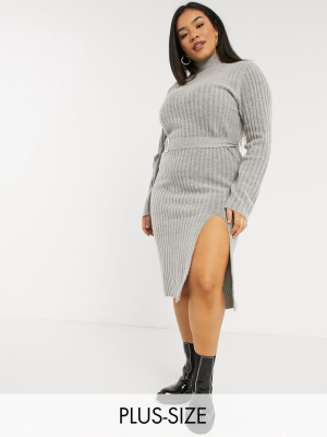 Urban Bliss Plus Knitted Dress With Belt In Gray