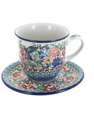 Blue Rose Polish Pottery Hummingbird Coffee Mug & Saucer