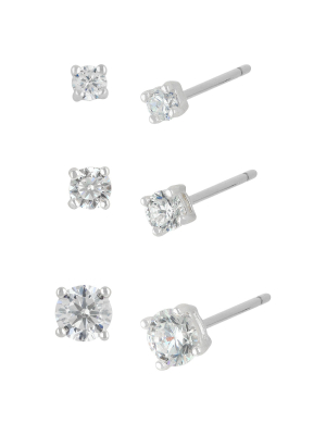 Women's Sterling Silver Stud Earrings Set With Round Cubic Zirconia 3pc - A New Day™ Silver