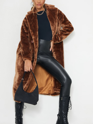Brown Large Lapel Midaxi Faux Fur Coat