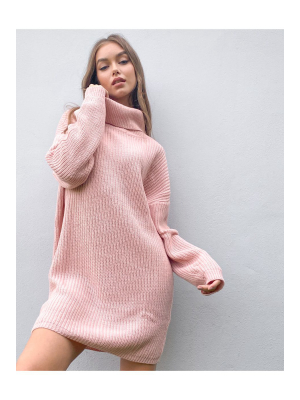 In The Style X Billie Faiers Oversized Roll Neck Knitted Sweater Dress In Pink