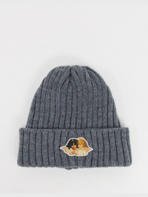 Fiorucci Knitted Beanie With Angels Patch In Gray