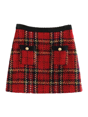 'lessie' Tweed Plaid Buttoned Pocket Mini Skirt