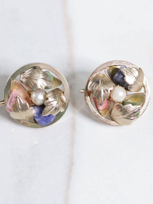 Vintage Sarah Coventry Gold Leaf With Pink Quartz, Lapis, And Jade Statement Earrings