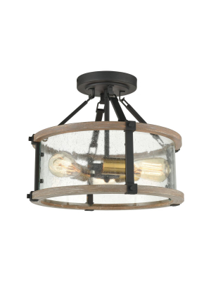 Geringer 3-light Semi Flush In Charcoal And Beechwood With Seedy Glass Enclosure