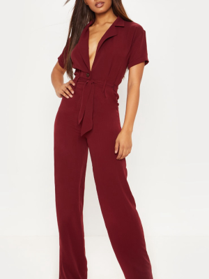 Tall Burgundy Tailored Tie Waist Wide Leg Jumpsuit