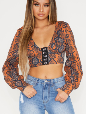 Burnt Orange Snake Print Hook And Eye Plunge...