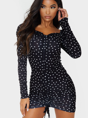 Black Polka Dot Ruched Front Long Sleeve...